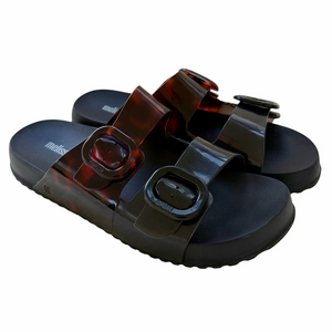 Melissa Cozy Buckle Black and Tortoise Size 10 Sandals Slides Slip - Ons EUC